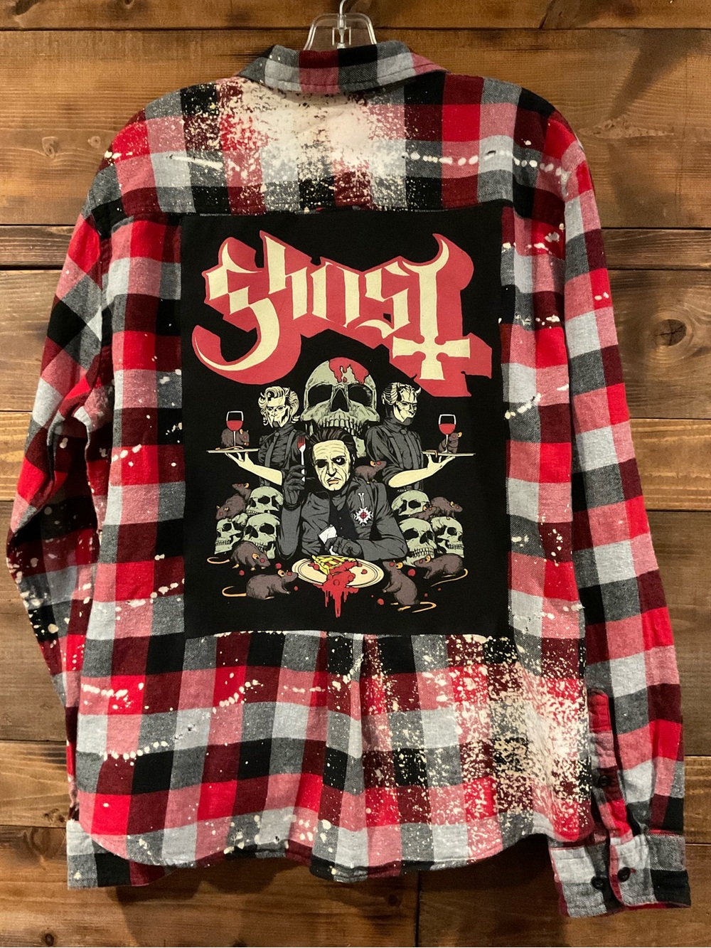 Custom GHOST Distressed Grunge Plaid Flannel Shirt Concert Ready Men’s XLARGE